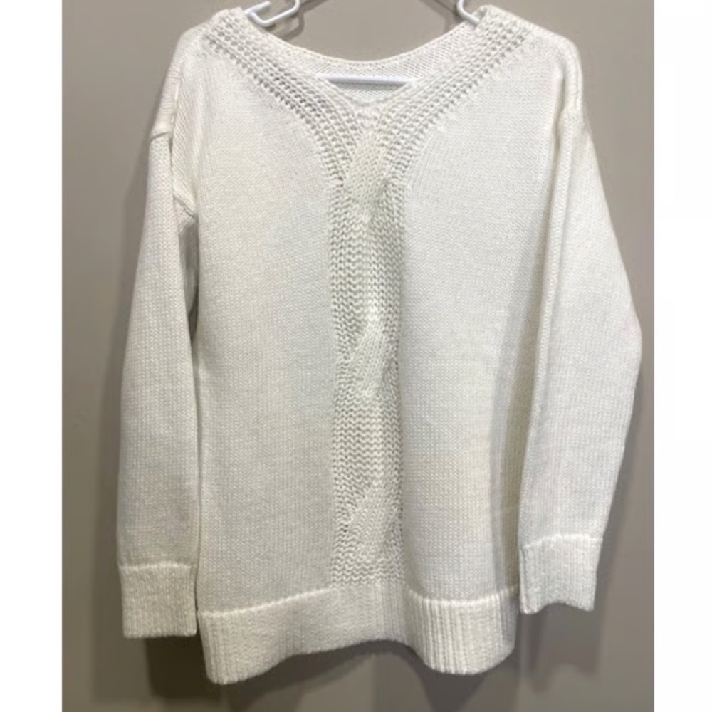 LOFT Ivory Cable-Knit Back Panel Sweater Size XSmall